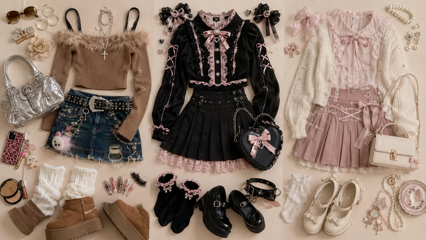 Three flat lay coordinates showing jirai kei in black and pink in the center with ryosan-gata and Yami Kawaii styles nearby