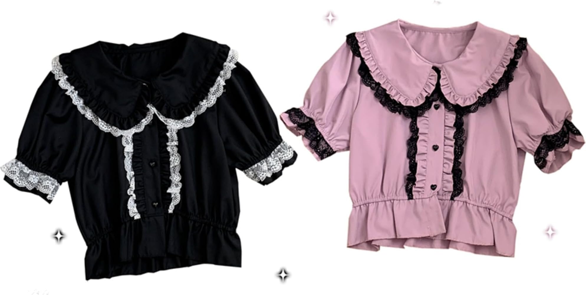 Two jirai kei blouses with wide lace trimmed Peter Pan collars, one black and one dusty pink