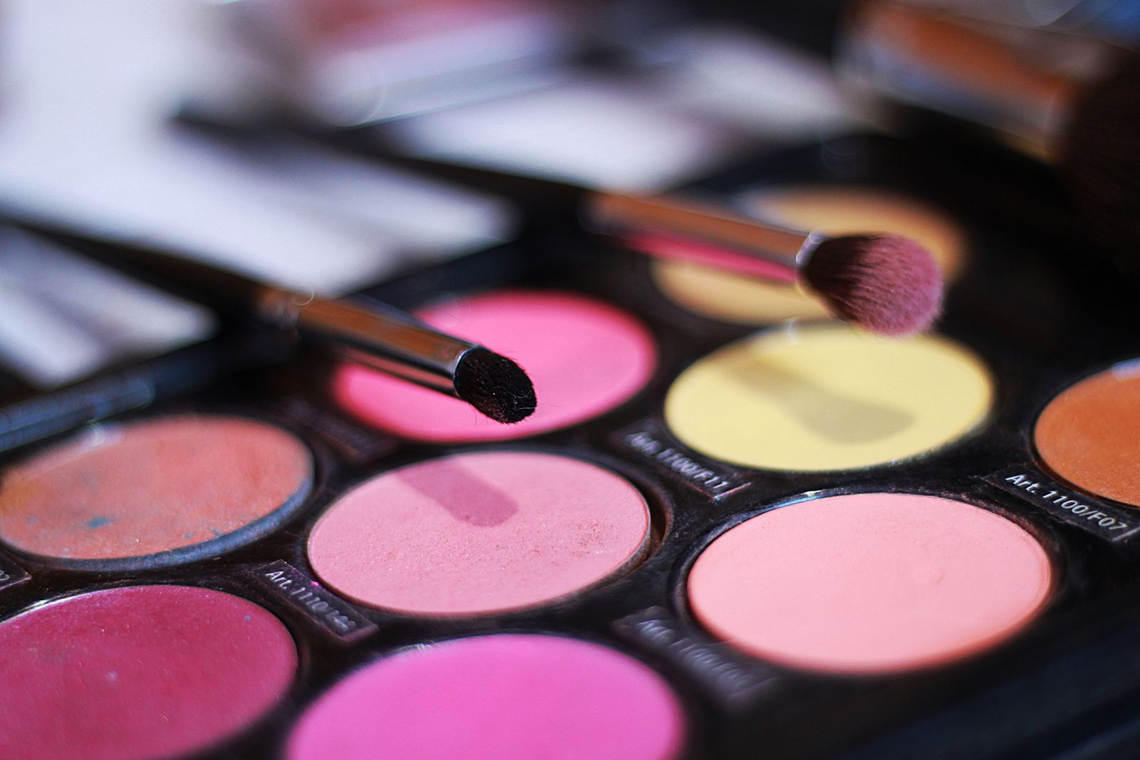 Close up of an open makeup palette of pink, berry and coral powder blush pans with two blush brushes resting across them