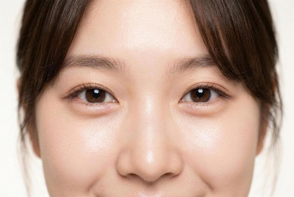 Close up of a bare face showing the natural tear bag ridge under each lower lash line with no eyeshadow or glitter applied yet
