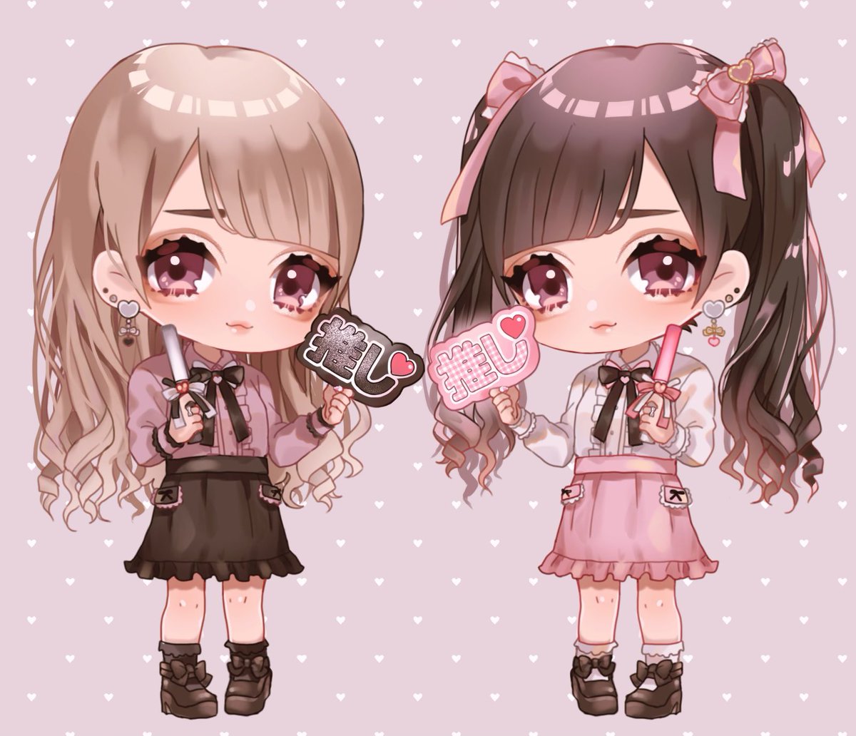 Illustration of two coordinates side by side, one in black and one in pink, both with glittering tear bag eyes, ribbons, ruffled skirts and platform shoes