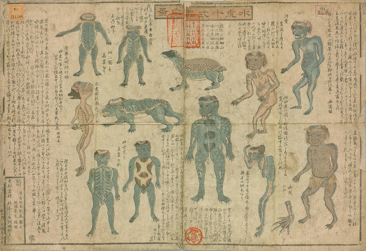 Edo period illustrated chart showing twelve kappa variants, some monkey like and some turtle shelled