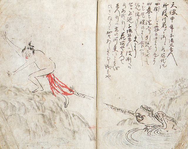 Woodblock drawing of a kappa in a river seizing a struggling man by the leg