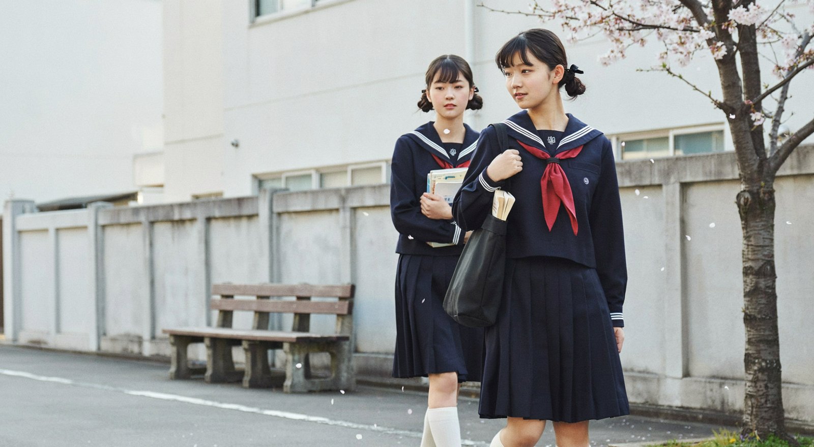 Two Japanese students in navy sailor fuku uniforms with regulation length pleated skirts