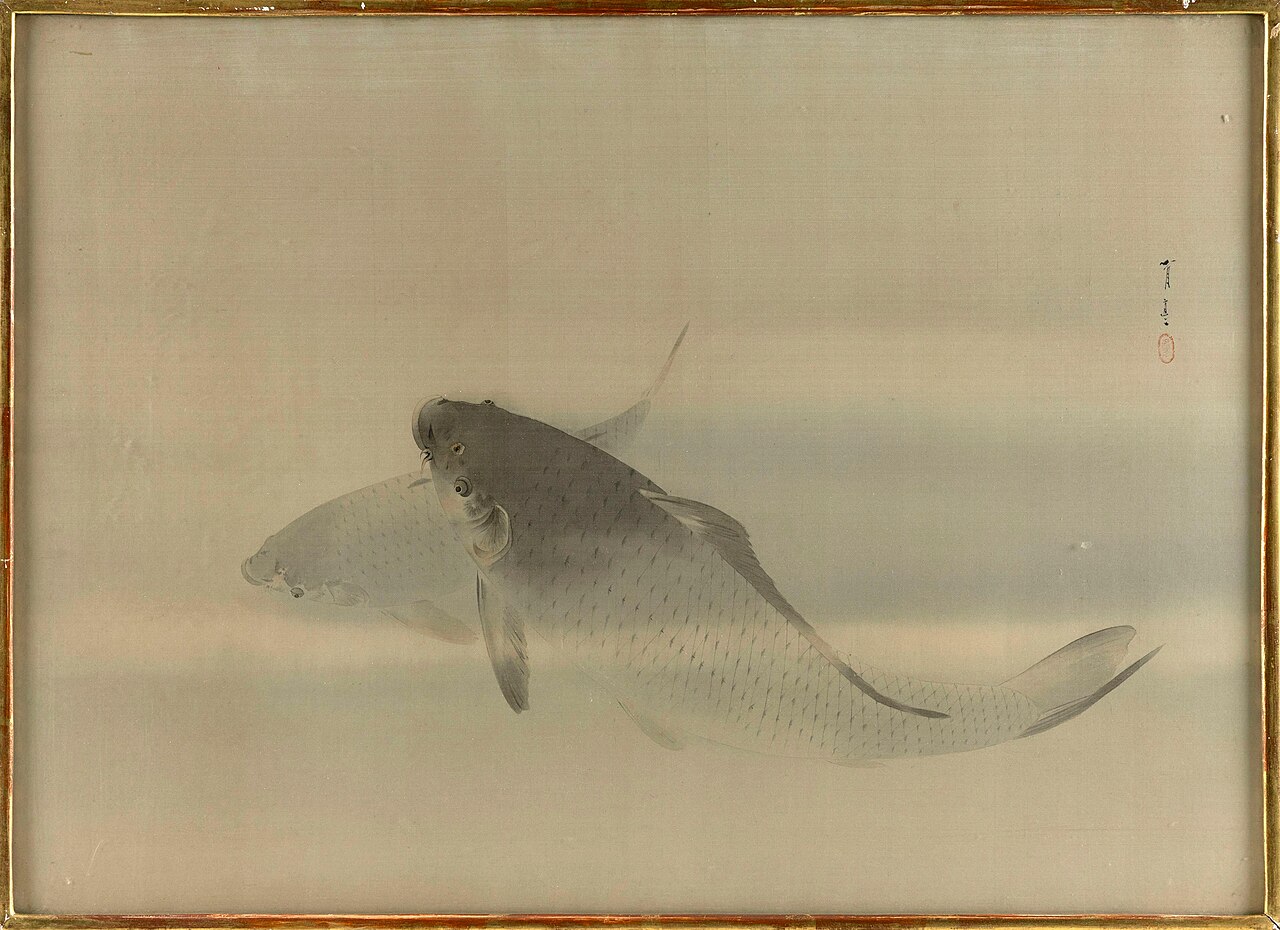 Japanese ink painting on silk of two gray carp swimming, with a red artist seal