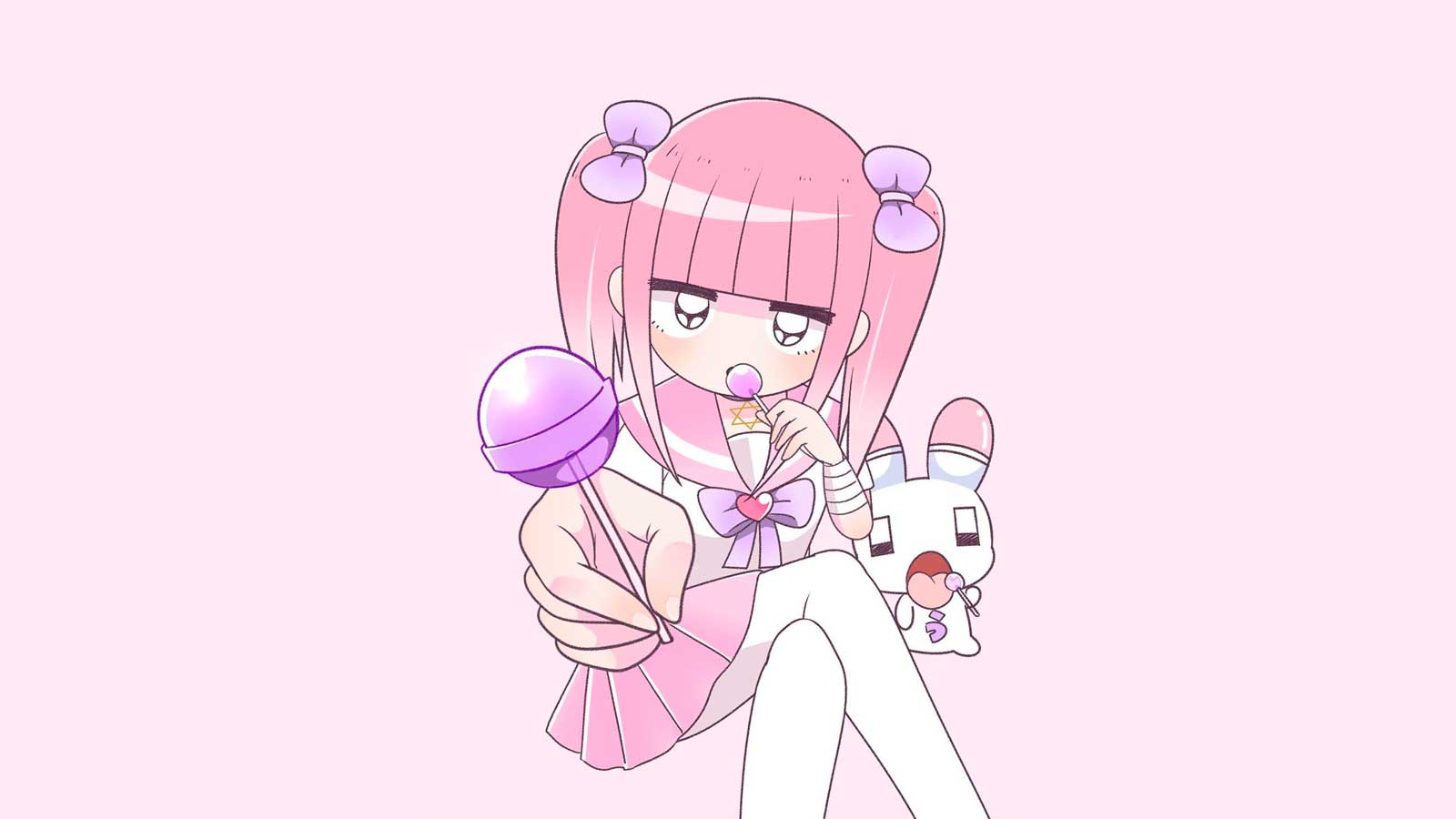 Pink haired anime girl illustration with a bandaged arm, purple bow twin tails and a lollipop
