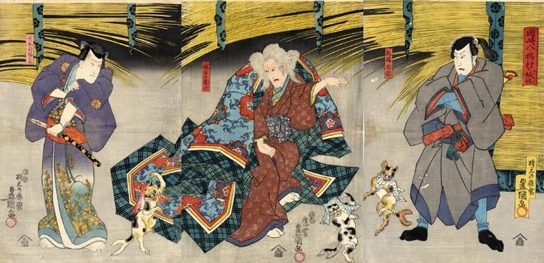 Japanese woodblock triptych showing an old woman in a kimono surrounded by cats in a straw walled room