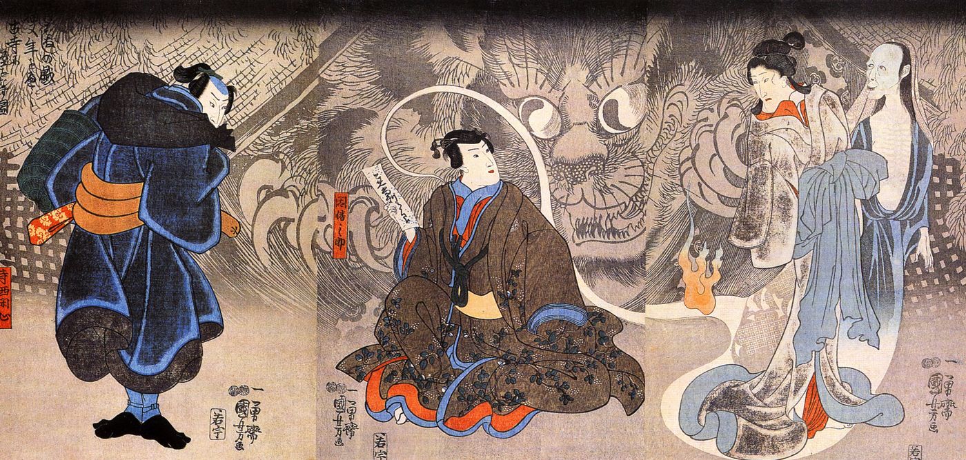 Woodblock print of an enormous ghost cat looming on the wall behind a seated man and two women