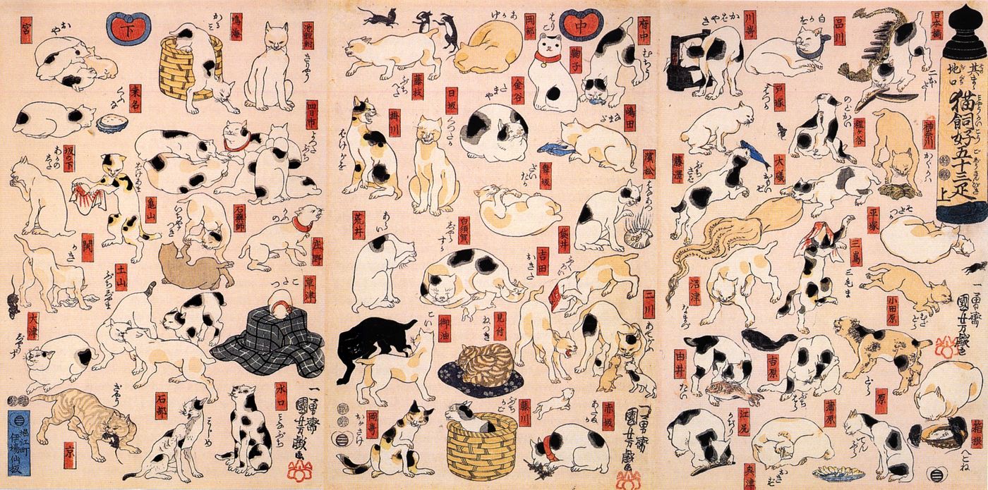 Nineteenth century Japanese print sheet covered with dozens of drawn cats in different poses