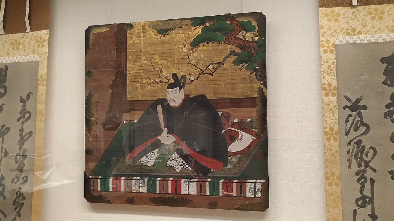 Painted portrait of Sugawara no Michizane in court robes on display at Dazaifu Tenmangu shrine