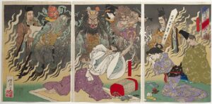 Japanese woodblock triptych of vengeful apparitions crowding a dying nobleman