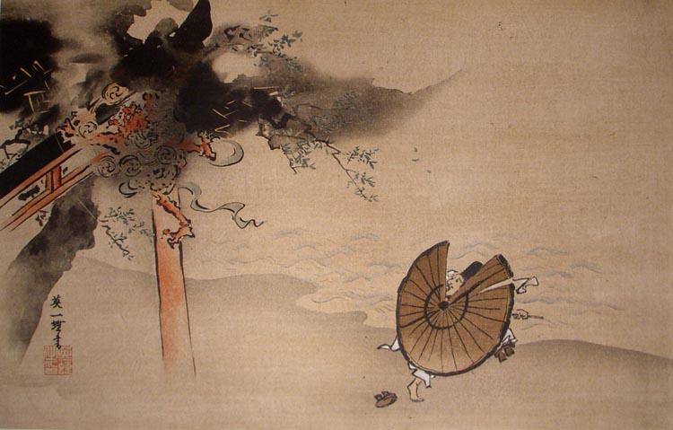 Ink painting of lightning striking a shrine gate as a straw-hatted figure flees