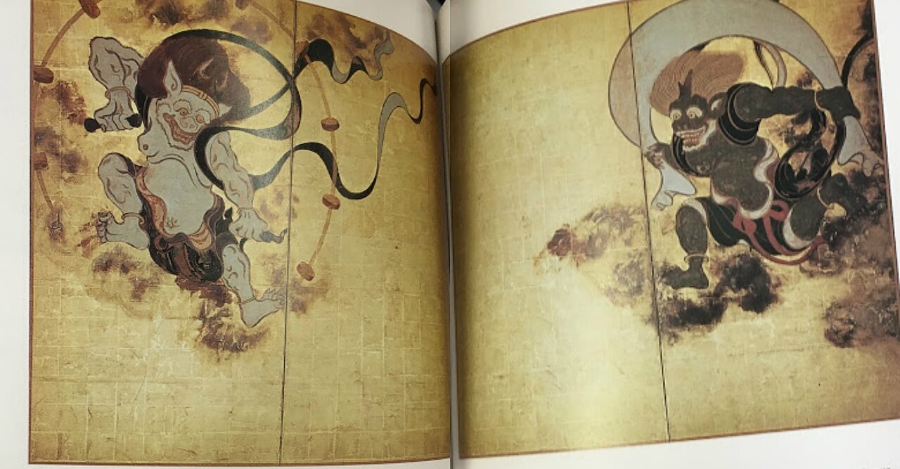 Painted folding screens showing Raijin with his drum ring beside Fujin holding his wind bag