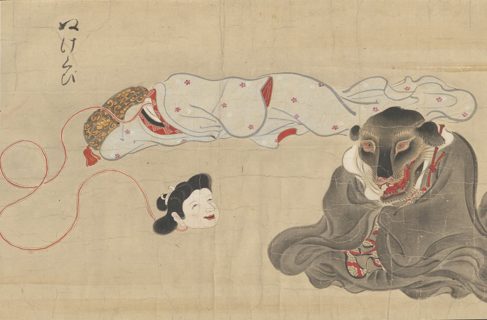 Painted scroll illustration of a nukekubi, a floating detached head connected to its sleeping body by a thin cord