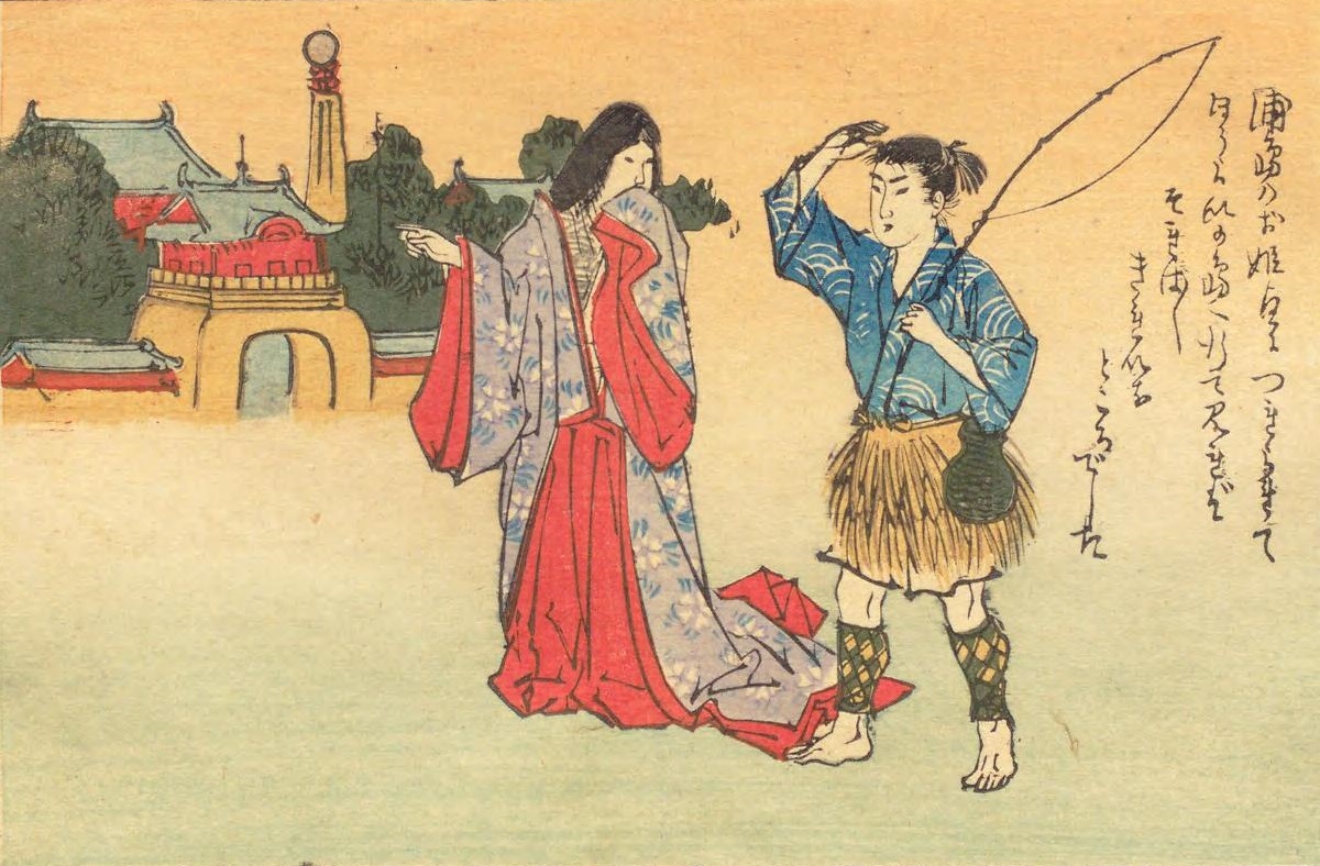 Woodblock illustration of the fisherman Urashima Taro meeting princess Otohime in a red robe outside the dragon palace
