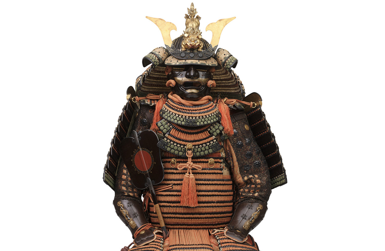 Samurai armor showing kabuto helmet, menpo face mask, dou cuirass and sode shoulder guards
