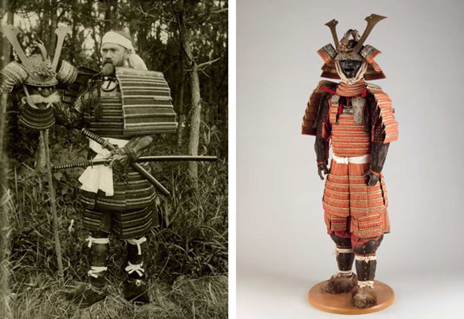 Historic photograph of a samurai in armor beside a mounted museum suit of armor