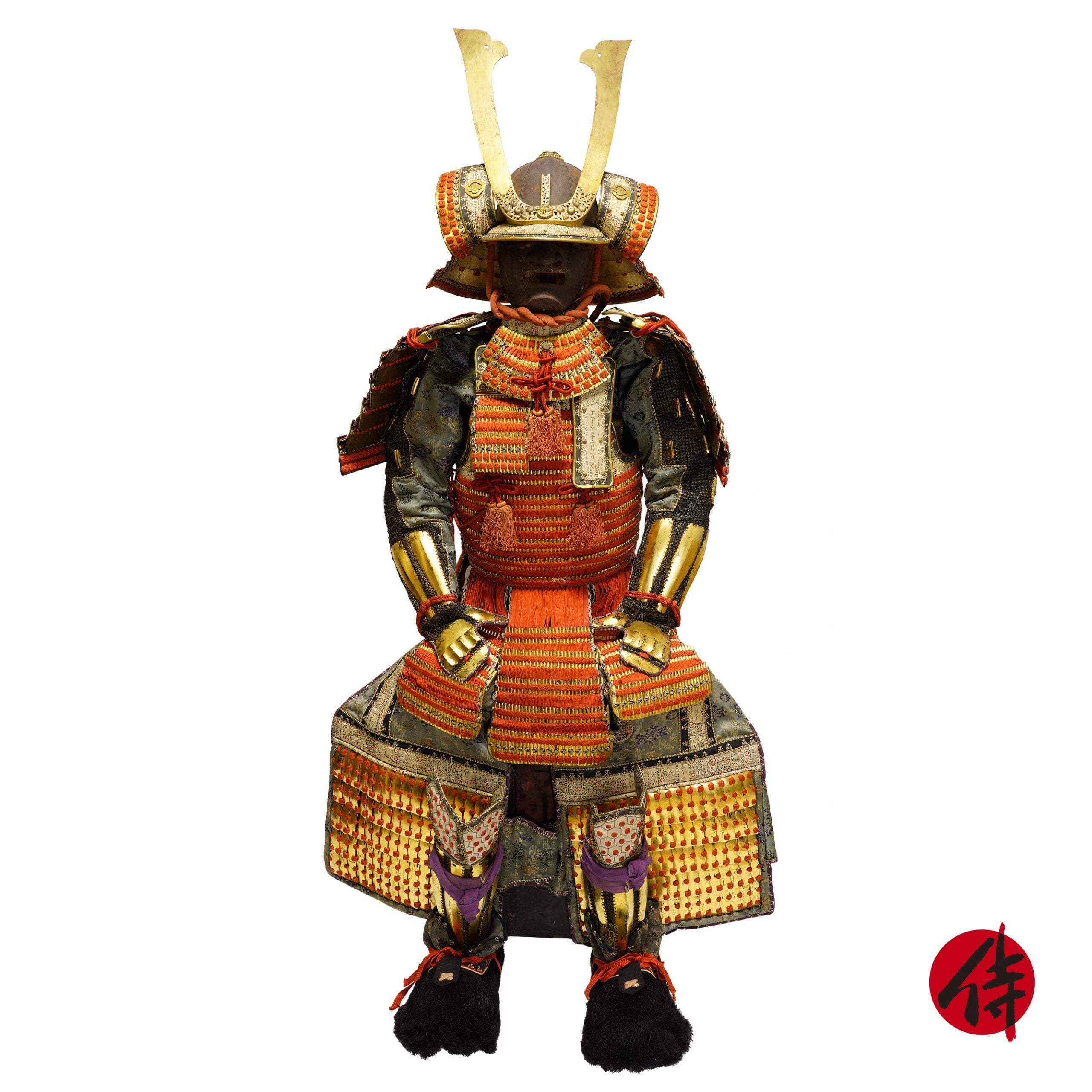 Close-up of an o-yoroi samurai armor helmet and cuirass preserved in a museum display