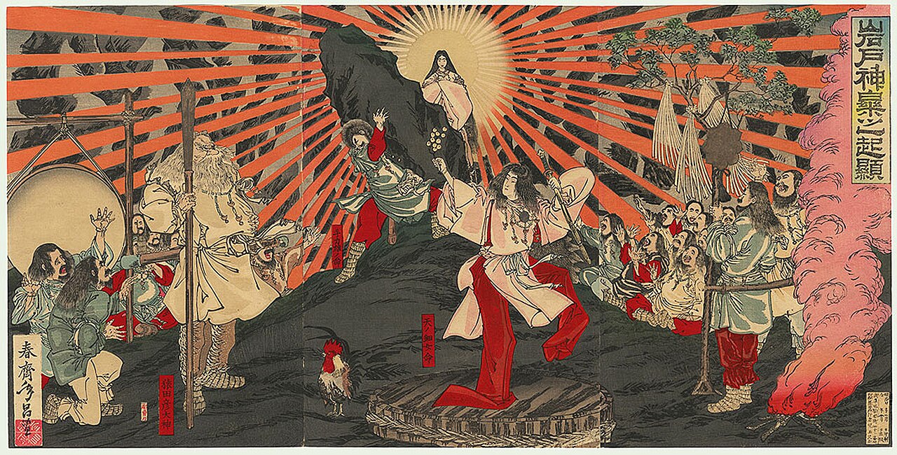 Woodblock triptych of Amaterasu emerging in rays of light from the heavenly rock cave