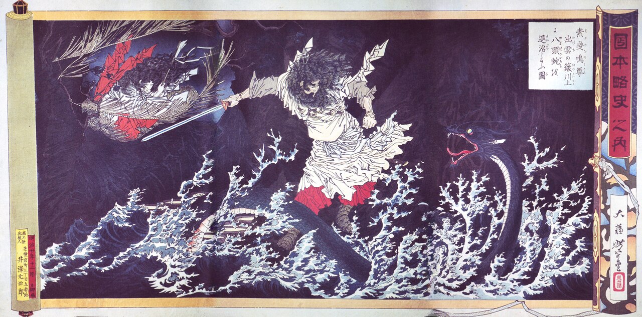 Woodblock print of Susanoo raising his sword at the eight-forked serpent above breaking waves