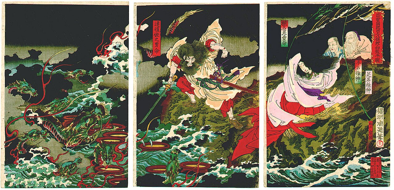 Triptych showing Susanoo with drawn sword, the sake vats, the serpent, and Kushinadahime with her parents