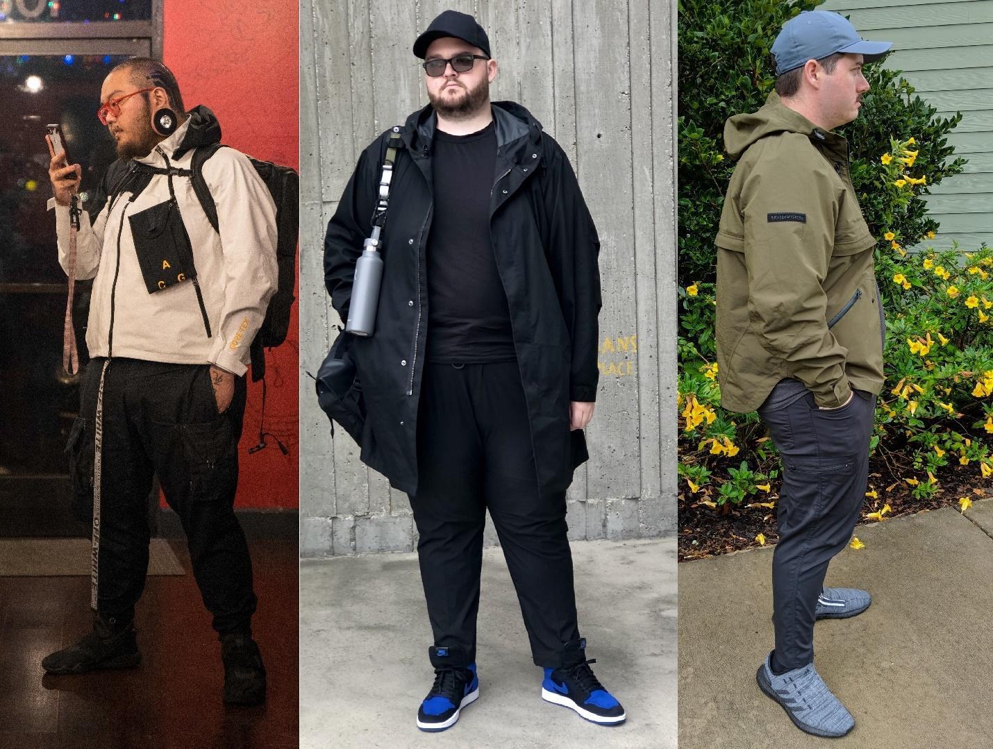 Three people wearing different Japanese techwear outfits on city streets showing monochrome and muted earth tone layering