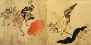 Painted handscroll segment showing household objects with arms and legs marching in a night procession