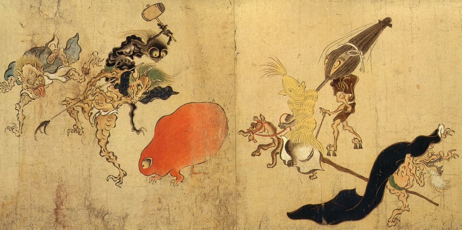 Painted handscroll segment showing household objects with arms and legs marching in a night procession