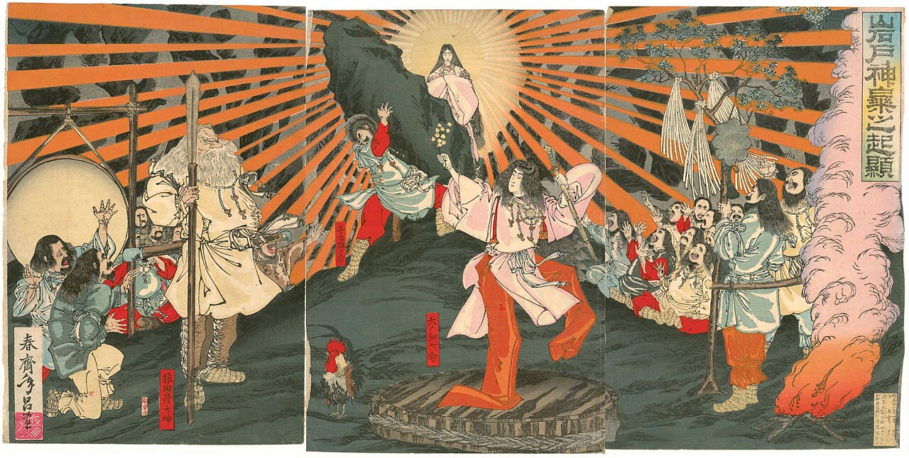 Woodblock triptych of the sun goddess Amaterasu emerging in light from a cave surrounded by kami