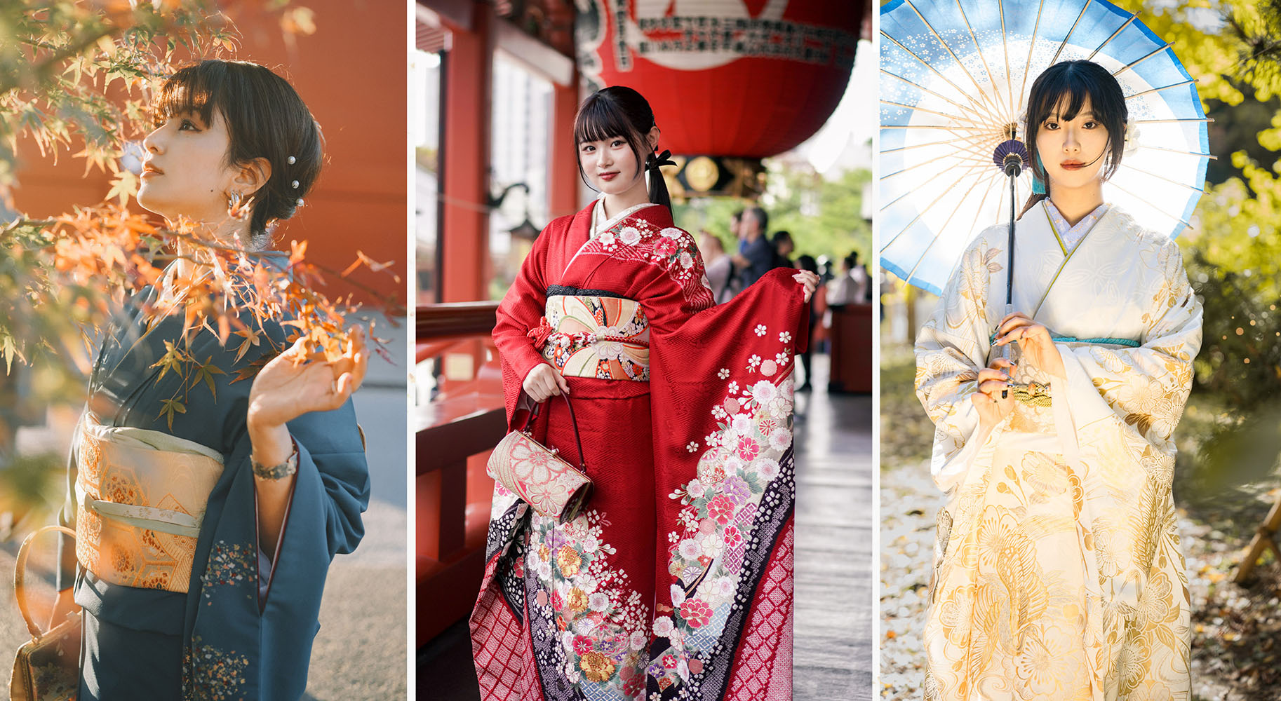 Three women in kimono: a plain teal kimono, a red furisode, and a cream furisode with gold patterning