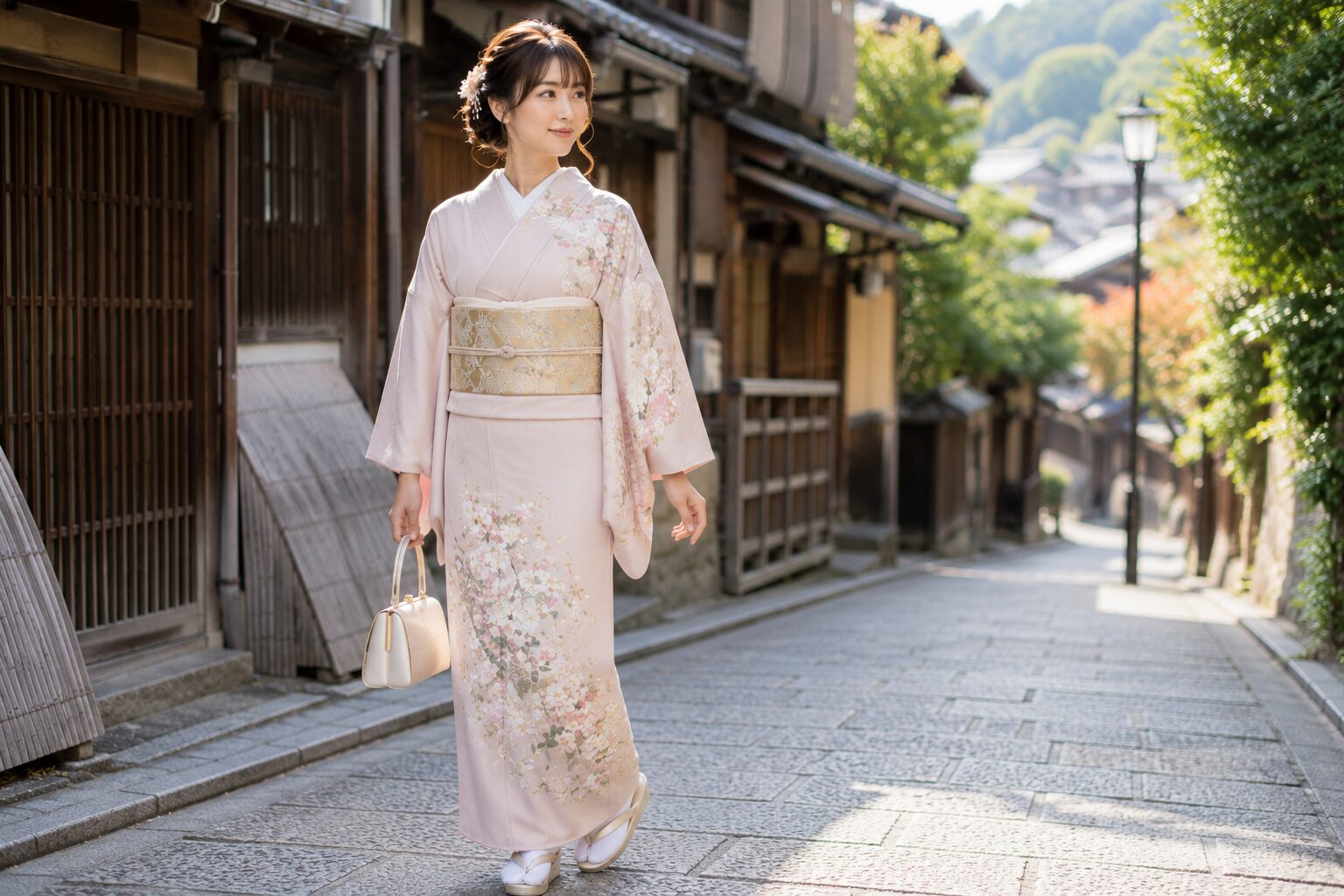 Woman in a pale pink houmongi kimono with continuous floral pattern and gold obi on a Kyoto street