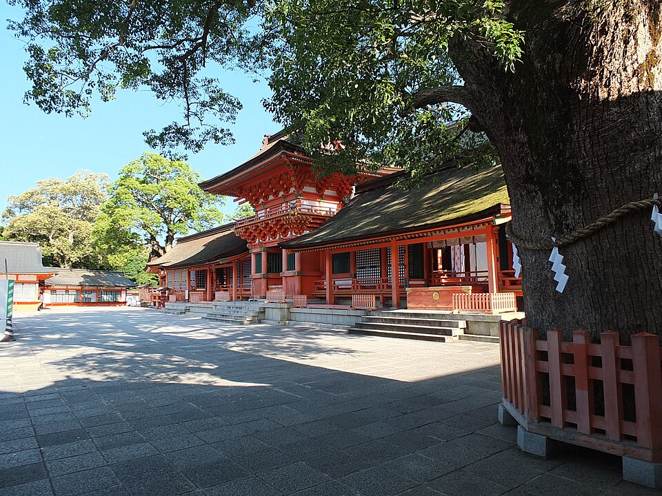 Vermilion shrine halls with cypress bark roofs in the precinct of Usa Jingu
