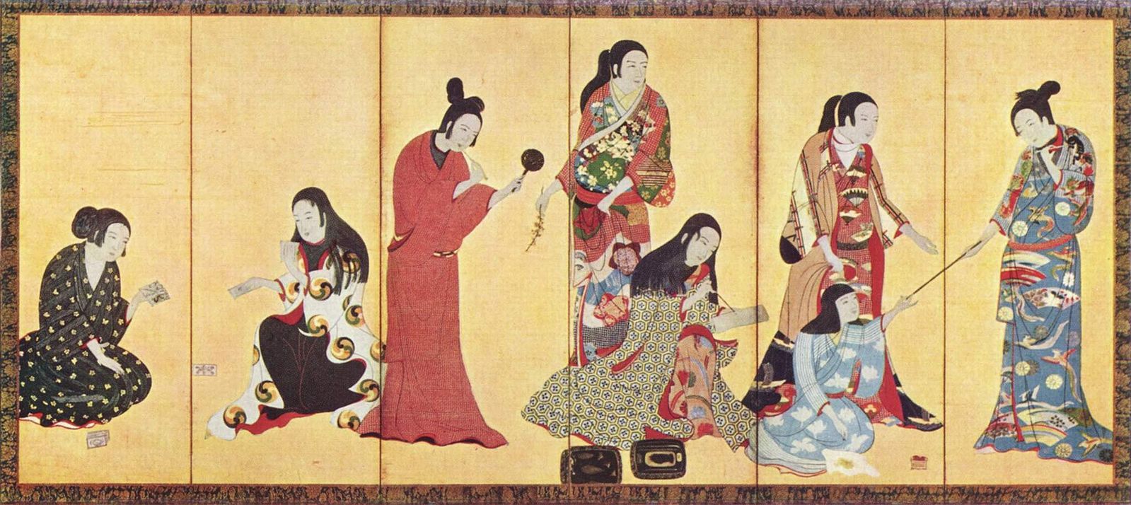 Edo period folding screen painting of women wearing kosode as outer garments