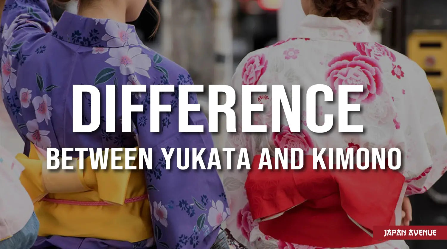 Woman in a kimono standing next to a woman in a yukata for a side by side comparison