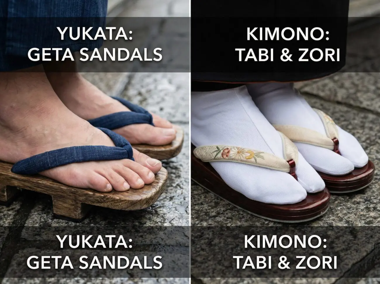 Zori sandals worn with a kimono next to wooden geta sandals worn with a yukata