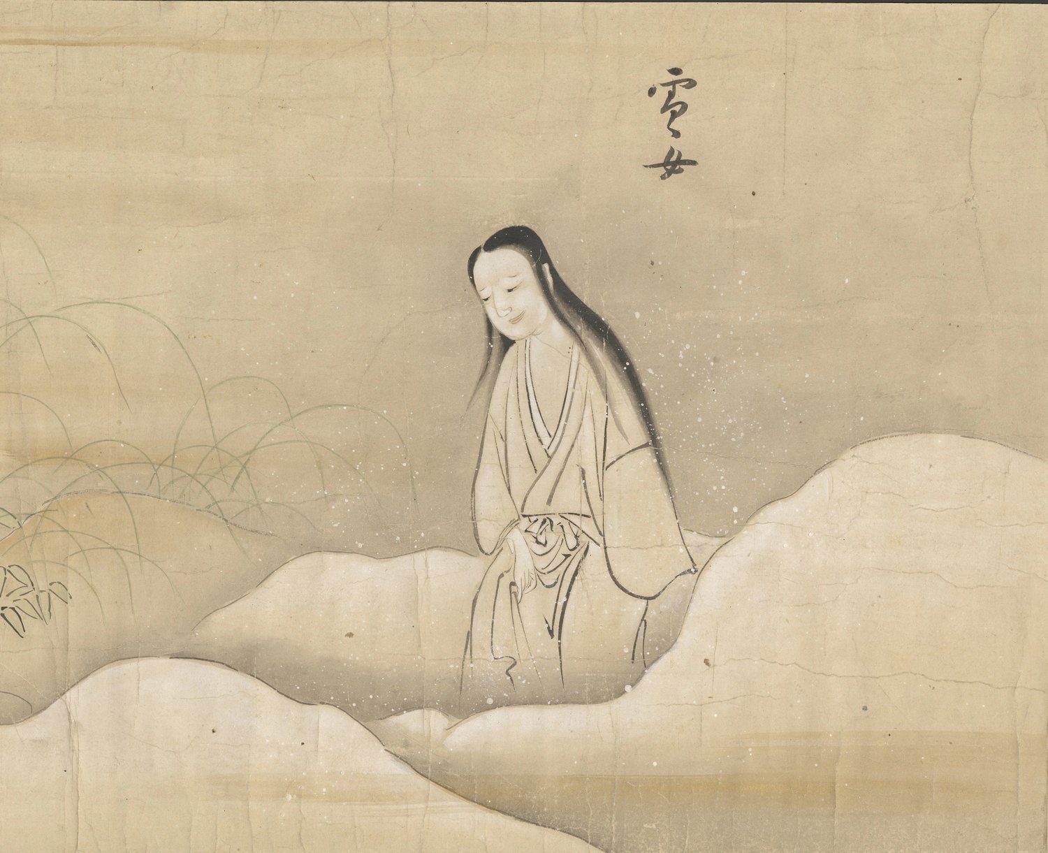 Edo period Japanese scroll painting of Yuki Onna, a pale woman in a white robe standing on a snowy hillside