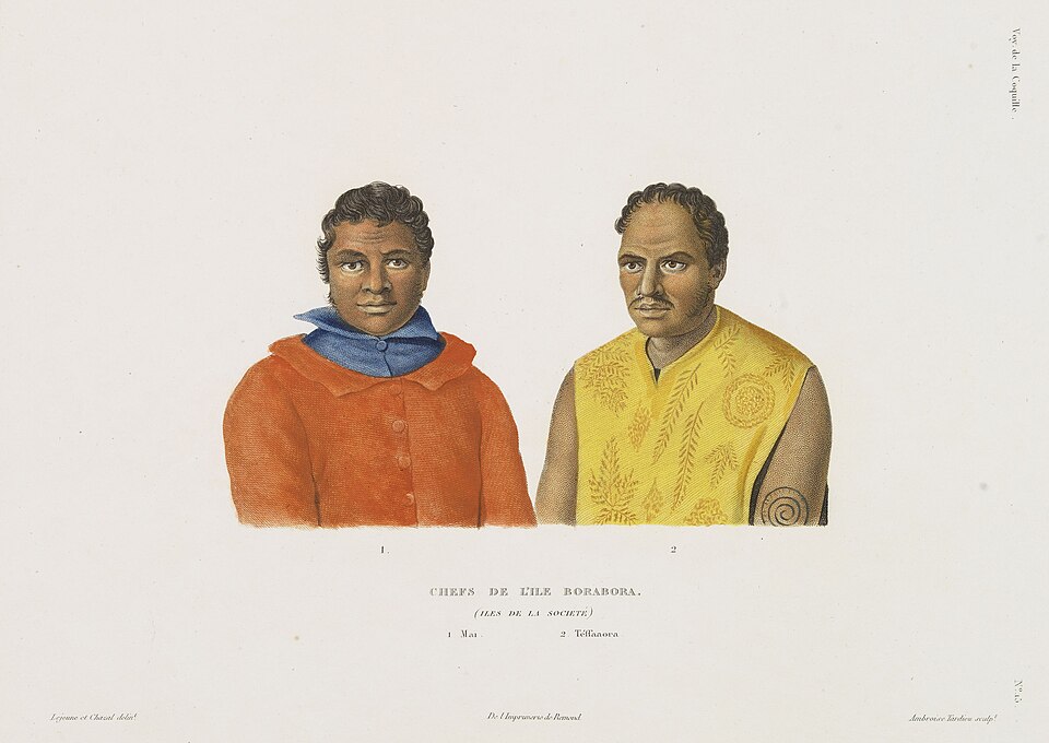 Hand-colored print of two chiefs of Bora Bora in the Society Islands, one with a spiral tattoo on his upper arm