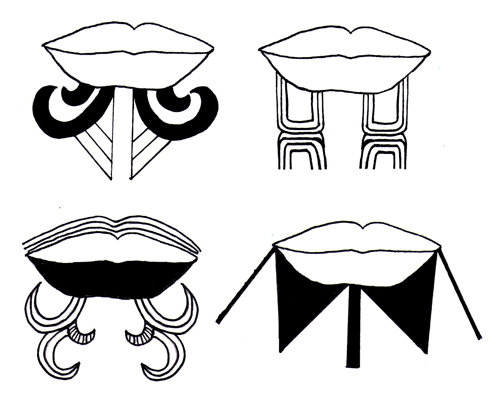 Line drawing of four chin and lip moko designs in black ink