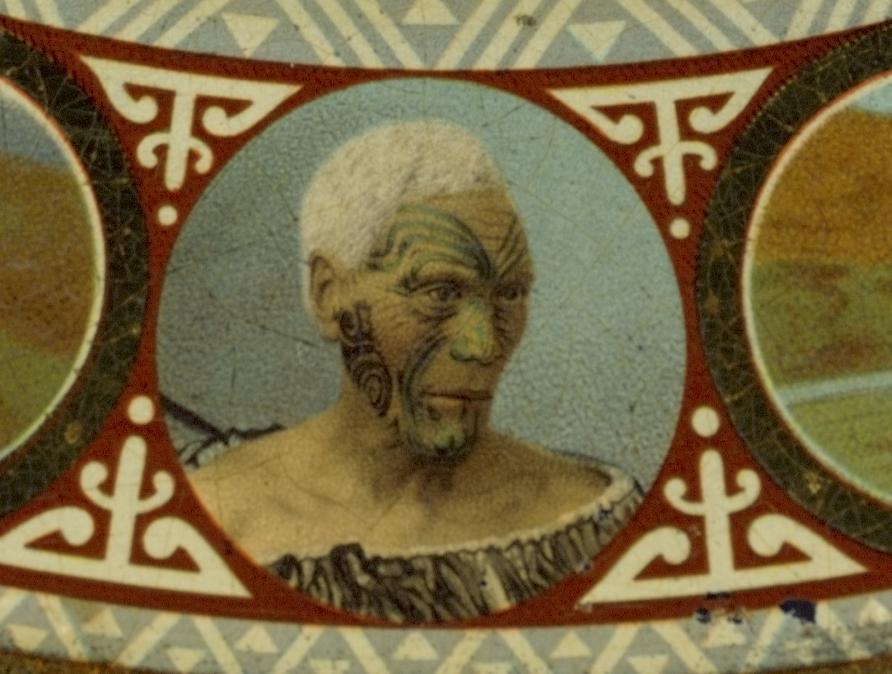 Hand-colored portrait of chief Tuterei Karewa with full facial moko, framed by a decorative plate rim