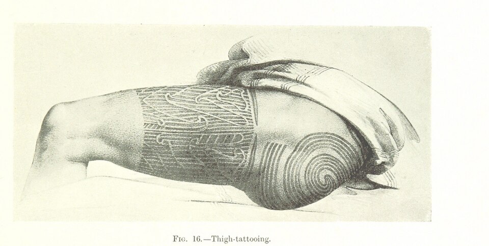 Engraving of a Māori thigh tattoo made of spirals and curved line patterns