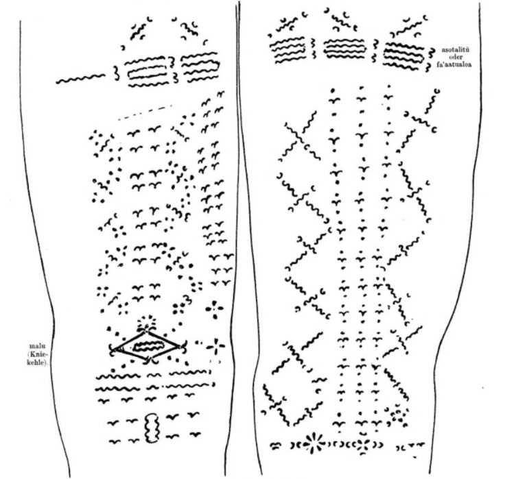 Line drawing of a Samoan malu tattoo on the back of a woman's thighs, made of small dots, wavy lines, and a diamond shape at the knee