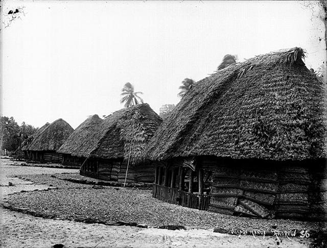 Black-and-white photograph of a row of large thatched houses with open sides along a pebbled village ground, with palm trees behind