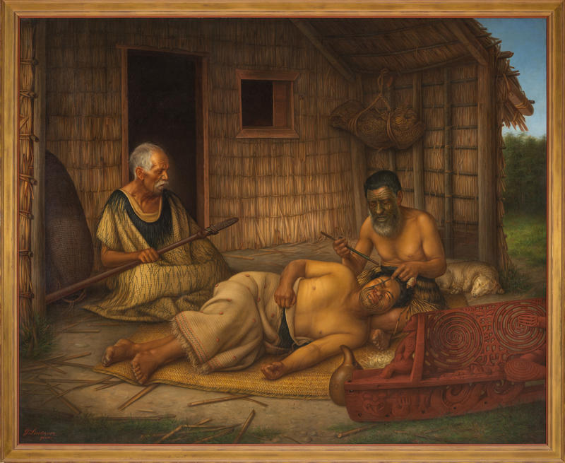 Painting by Gottfried Lindauer of a tohunga tā moko tattooing a reclining man while an elder in a cloak watches
